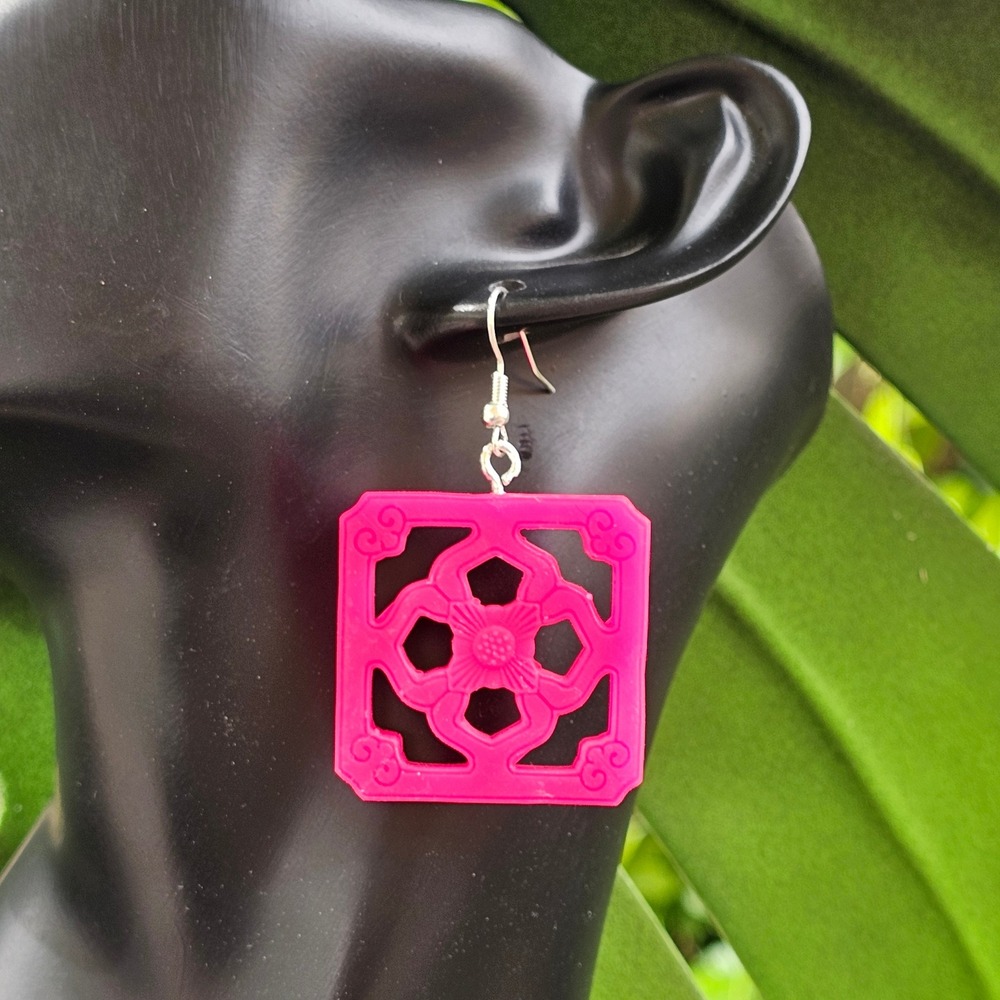 Handmade Jumbo Hot Magenta Pink Jade Tile Breezeway Dangle Earrings‎ Tiki
